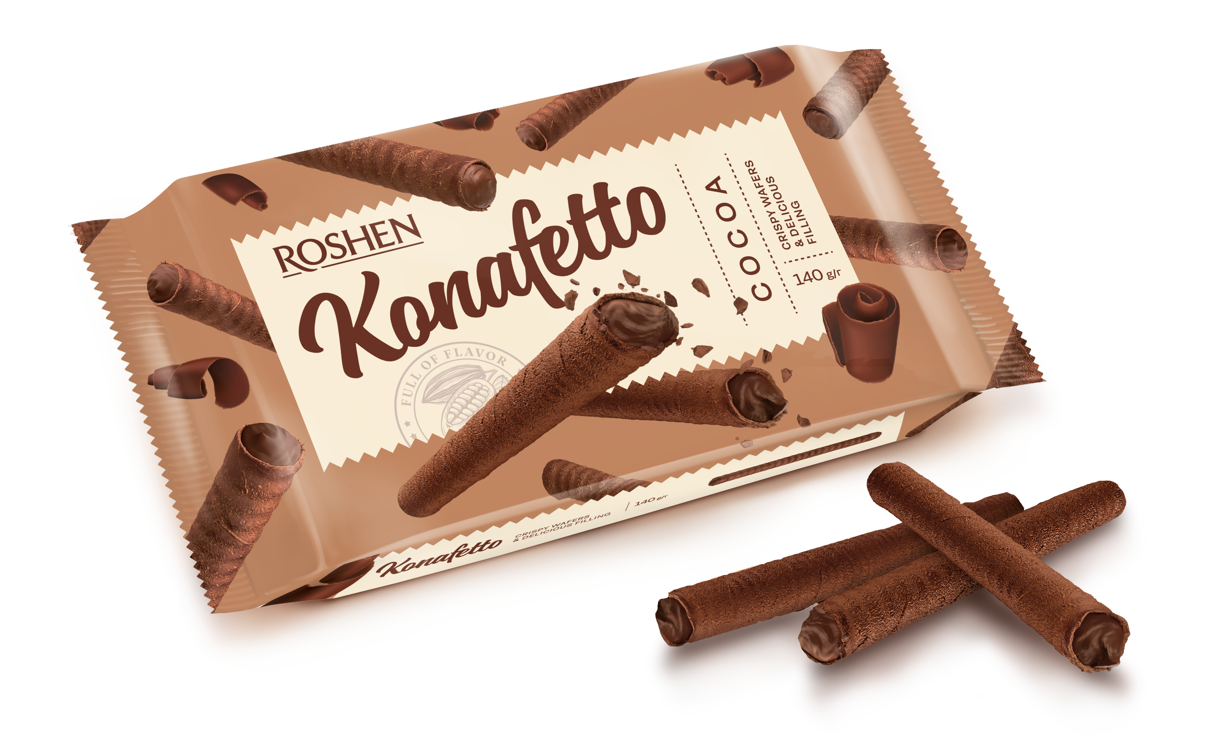 Tubusoare de vafe Roshen Konafetto cacoa/crem-cacao 140g